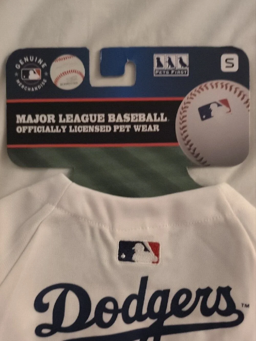 MLB White Stoned Dog Jersey with Blue Sequin 'Dodgers' Script